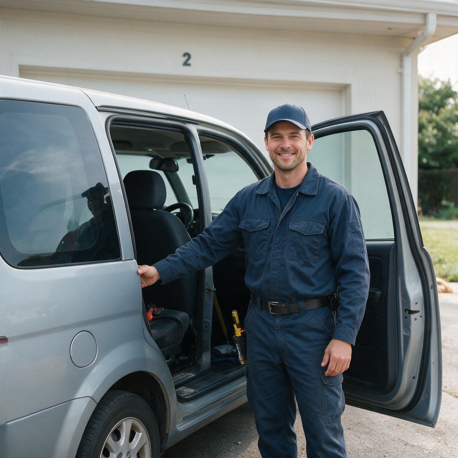 Prime Garage Doors technician arriving at a home with a fully stocked service van