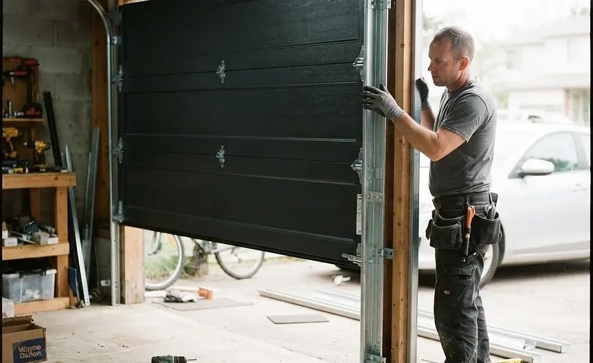 Installer fitting a new dark garage door panel into the opening
