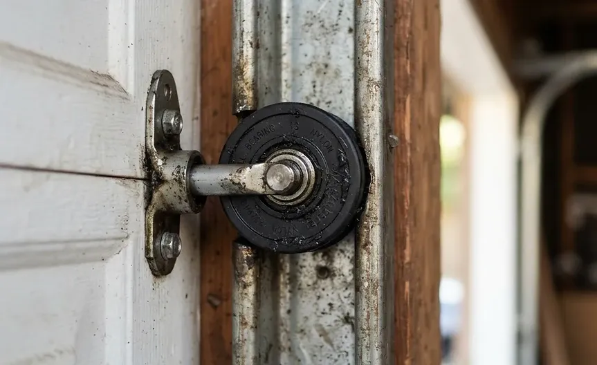Nylon garage door roller in its track bracket